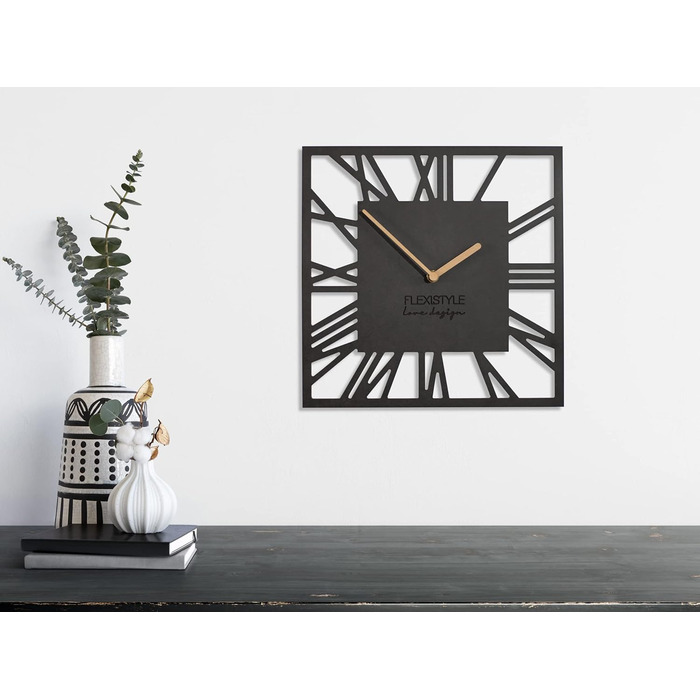 Сучасний настінний годинник FLEXISTYLE LOFT Piccolo Square 30 см, безшумний, чорний, для вітальні та ванної
