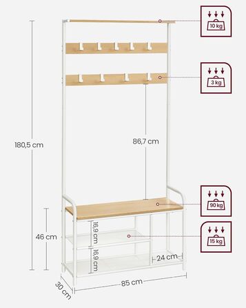 VASAGLE Вішалка для одягу з лавкою та полицею, 9 гачків, 30x85x180,5 см, індустріальний стиль, вінтаж, для коридору, спальні, компактна, колір дуба + білий