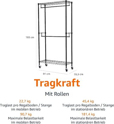 Вішалка для одягу Amazon Basics з верхніми та нижніми полицями, 91x45,6x180,2 см, чорна, дворядна
