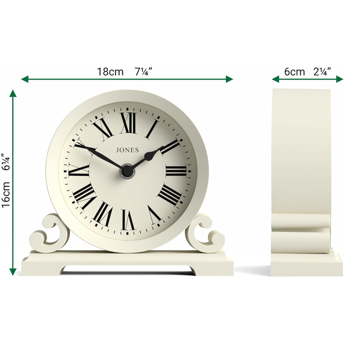 Настільний годинник JONES CLOCKS Saloon, білий, класичний стиль, подвійне скрол-оформлення, римські цифри, для столу, полиці або тумбочки