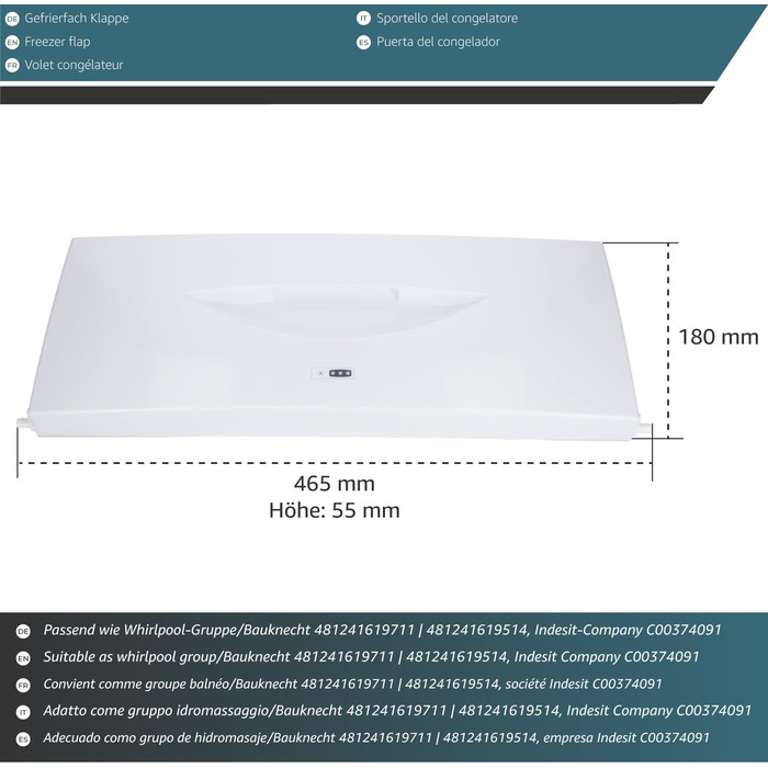 Дверцята морозильної камери сумісні з Bauknecht, Whirlpool, Indesit C00374091, аналог 481241619514, 481241619711, запчастина для холодильника з вбудованою морозилкою