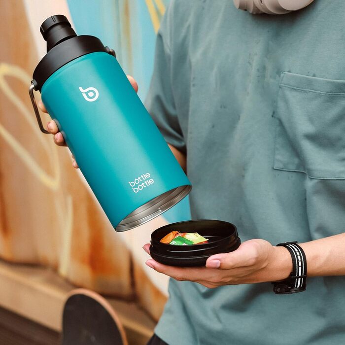 Термос-пляшка з нержавіючої сталі 1,8 л BOTTLE BOTTLE, ізольована, з трубочкою, кришкою, ручкою та відділенням для пігулок, BPA-free, для спорту, фітнесу, туризму, темно-синя