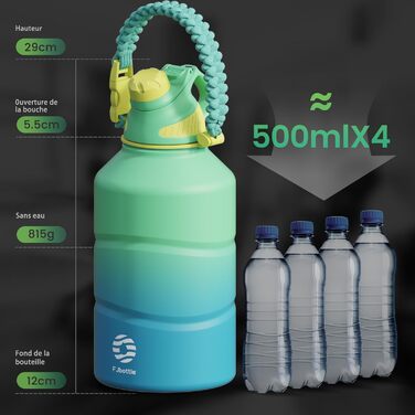 Термос Fjbottle 1900 мл з нержавіючої сталі, магнітна кришка, BPA Free, подвійні стінки, для газованої води, спортивна пляшка для води, університет, фітнес, кемпінг, активний відпочинок, світло-зелений
