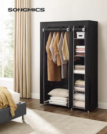 Тканинна шафа SONGMICS XL з вішалкою, складана, для одягу, 110x175x45 см, чорна, LSF007, органайзер для зберігання, кемпінг