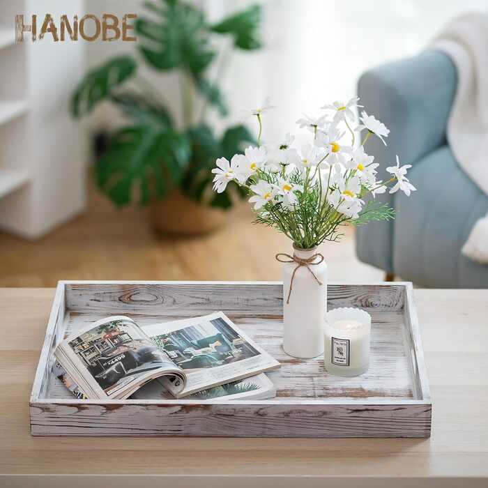 Декоративний дерев'яний піднос Hanobe XXL 55x40 см, білий, з ручками, для сервірування та декору вітальні, кухні, у стилі кантрі