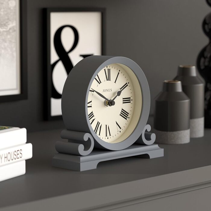 Декоративний настільний годинник JONES CLOCKS Saloon з римськими цифрами, класичний стиль, подвійний скрол, для столу, полиці чи тумбочки, французький морський синій