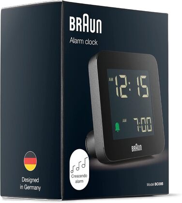 Цифровий будильник Braun BC09B з функцією сну, негативним LCD-дисплеєм, швидким налаштуванням і наростаючим сигналом, чорний
