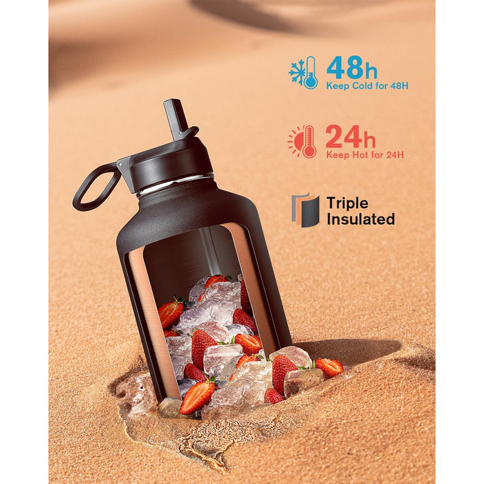 Термос пляшка для води Coolflask 2 л з трубочкою та 3 кришками, ізольована сталева спортивна пляшка з подвійною вакуумною ізоляцією, не протікає, чорна для спорту та офісу
