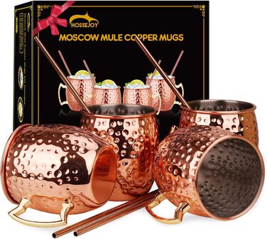 Набір мідних кухлів для Moscow Mule, 4 шт. по 550 мл з трубочками у подарунковій коробці – 100% мідь для коктейлів і охолоджених напоїв