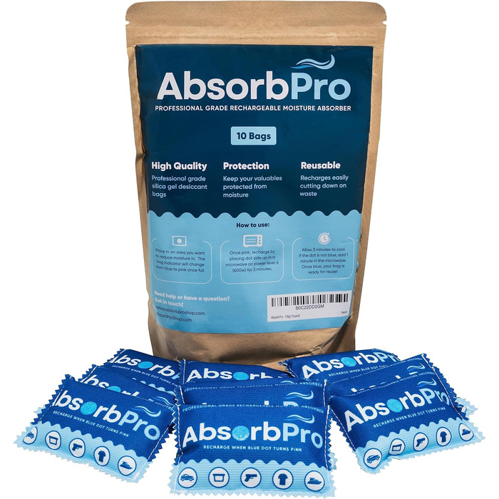 Absorb Pro Перезаряджаємий мішечок-осушувач повітря, 10 шт, 100 г, багаторазові абсорбери вологи з силікагелем для сміттєвих баків, сумок, сейфів для зброї, зберігання продуктів