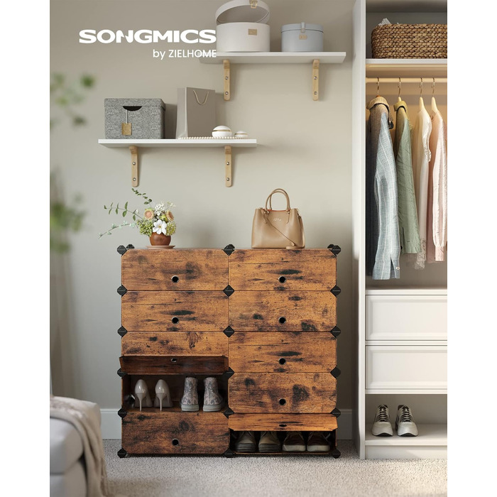SONGMICS органайзер для взуття з дверцятами, 10 рівнів, пластиковий, вінтажний коричневий