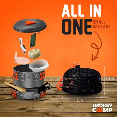 Кемпінговий набір посуду Smokey Camp для походів – компактний антипригарний туристичний набір для приготування їжі, універсальний комплект для кемпінгу, туризму, пікніка, відпочинку на природі