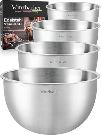 Набір мисок з нержавіючої сталі Winzbacher 4 шт (1 л, 1.5 л, 2.5 л, 3.5 л), з мірною шкалою, для салатів і змішування, підходять для посудомийної машини, штабельовані, внутрішня поліровка, зовнішня шліфовка