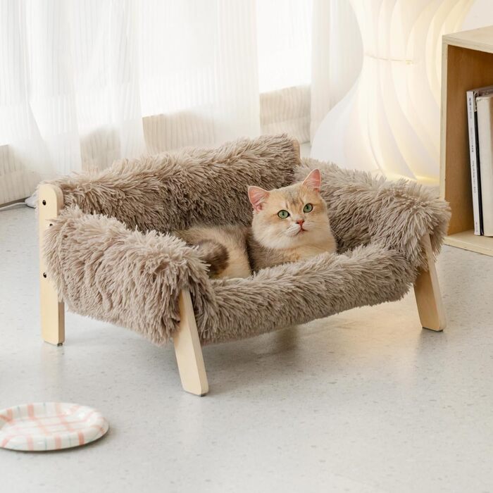Підняте дерев'яне ліжко-софа для котів MEWOOFUN 56x45 см, міцне котяче ліжко зі стильним дизайном, знімний чохол, витримує до 10 кг, світло-коричневе