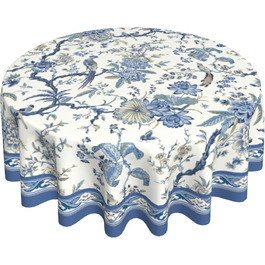 Кругла скатертина Giwawa Chinoiserie 152 см, синьо-біла, з квітами та птахами, порцеляновий орнамент, східний стиль, термостійка, багаторазова, для кухні та їдальні