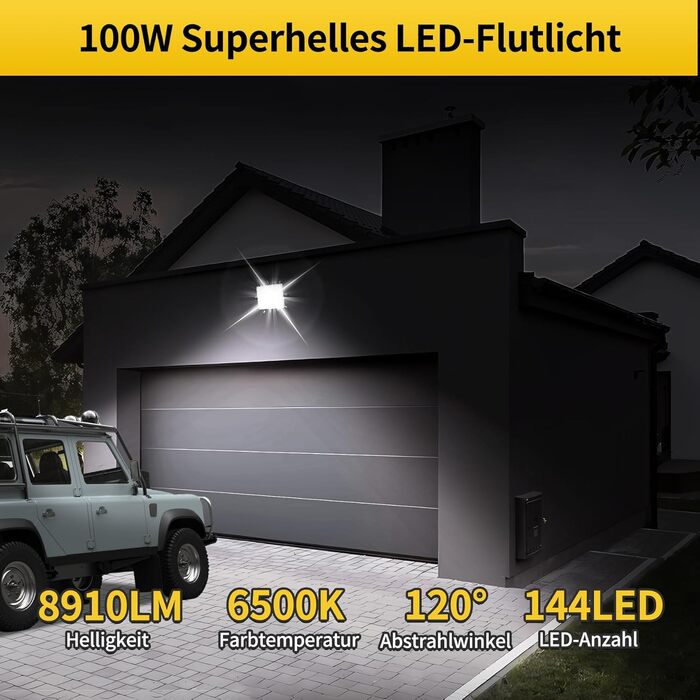 Комплект з 2 LED прожекторів 100Вт, 8910Лм, 6500К, IP66, для вуличного освітлення, водонепроникний, з вилкою, для безпеки, двір, сад