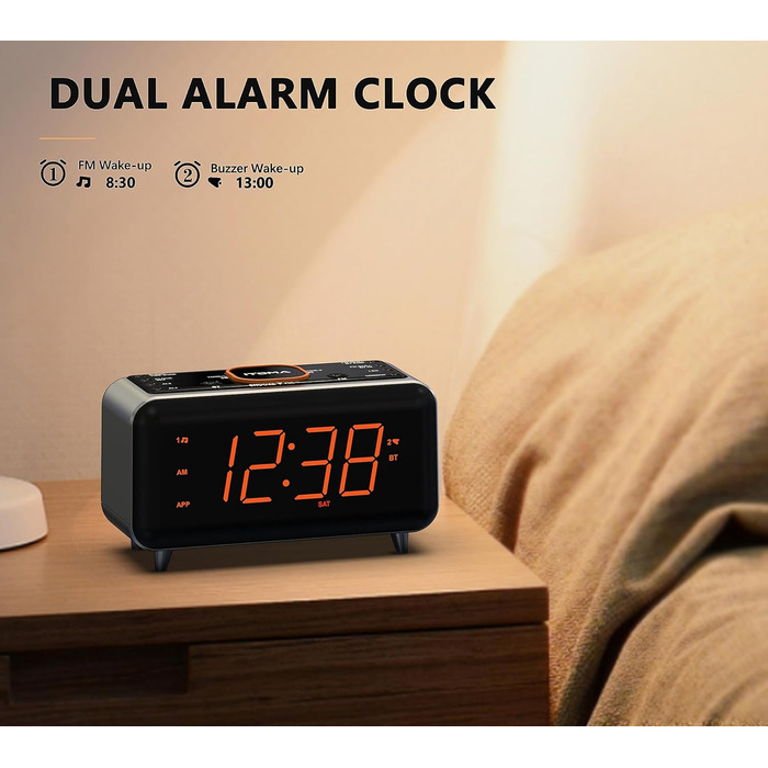 iTOMA радіобудильник з Bluetooth, FM-радіо, App-керуванням, подвійним будильником, 4 режимами, димером, нічником, USB-зарядкою, модель CKS208