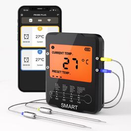 Бездротовий цифровий термометр для м'яса Uzone з Bluetooth, додатком для віддаленого контролю до 100 м, LCD-підсвіткою, 4 зондами (2 використовуються), для гриля, духовки, барбекю, коптильні
