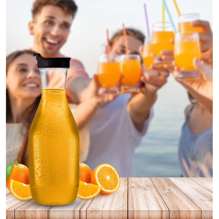 Пластикова глечик-карафа з кришкою Party Bargains, 1,5 л, 2 шт, прозора, чорна відкидна кришка, преміум-якість, міцний пластик для холодних напоїв, соку, мімоз, айс-ті