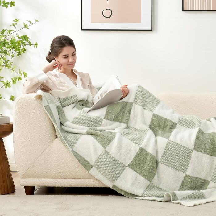 Плед Snuggle Sac в клітинку, салатовий, мікрофібра, флісовий, теплий, м'який, двосторонній, для дивана, крісла, ліжка, 127x152 см