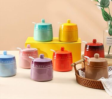 Керамічна банка для спецій та цукру з кришкою і ложкою, червона