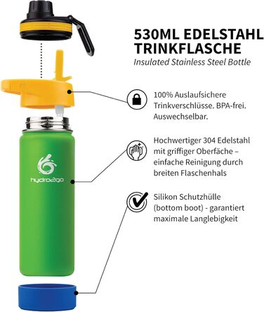 Дитяча термос пляшка з нержавіючої сталі 500 мл, 100% герметична, BPA-free, з 2 кришками (трубочка і спортивна), лаймова