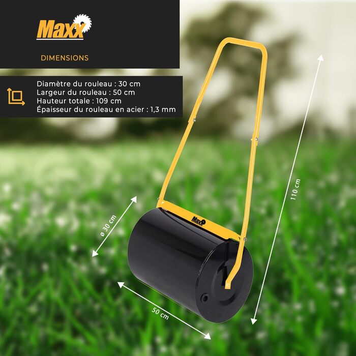 Каткова для газону MaxxGarden, наповнювана піском або водою, 50 л, 50×32 см, для вирівнювання ґрунту та насіння, чорна/жовта