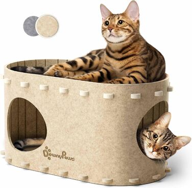 Котяча будка з фетру, ліжко-будиночок для котів, 58×33×30 см, ігровий Peek-a-Boo, зимова, захист кігтів, бежева