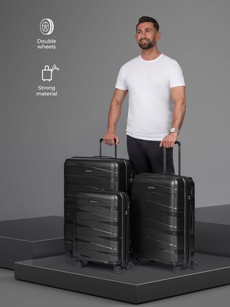 Жорсткий кабінний чемодан-тролей 40x20x55 см з поліпропілену, 4 колеса, TSA-замок, набір з 3-х, чорний металік