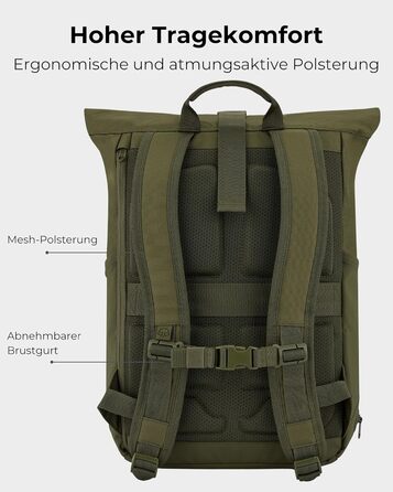 Рюкзак Johnny Urban Allen Medium 15 л для жінок і чоловіків, роллтоп, водовідштовхувальний, з відділенням для ноутбука, для університету, велосипеда, бізнесу, оливковий, екологічний