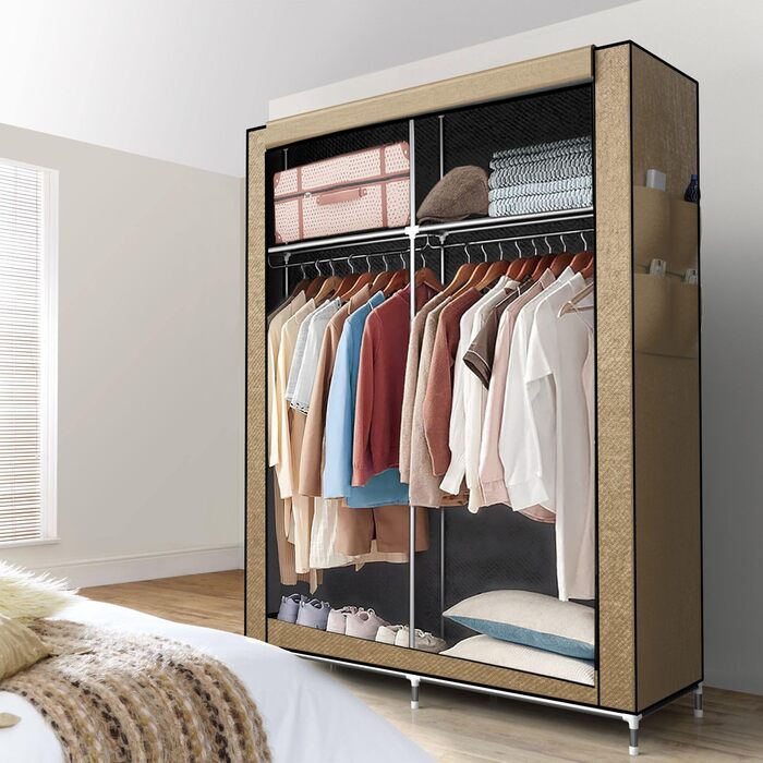 Тканинна шафа INTIRILIFE 108x170x45 см, кремово-бежева, з металевим каркасом, рейкою для одягу, кишенями та полицями, з блискавкою, для зберігання речей