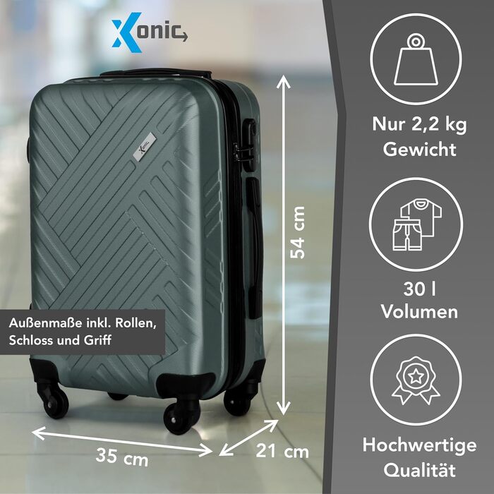 Жорсткий валіз Xonic Design Boardcase 55x35x20 см, кабінний, з 360° колесами, кодовим замком, бізнес-тревел, зелений