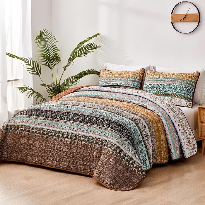 Покривало WONGS BEDDING 220x240 см Boho, стьобане, мікрофібра, 3 предмети: покривало та 2 наволочки 50x70, для двоспального ліжка, коричневе, для спальні чи дивана