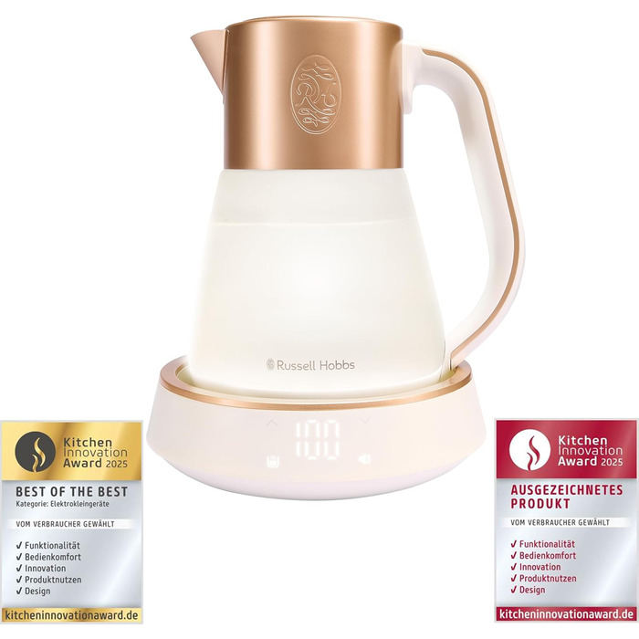 Електричний чайник Russell Hobbs зі скла 1,7 л з регулюванням температури 40-100°C, LED-підсвіткою, тихою технологією кип'ятіння, функцією підтримки тепла, цифровим дисплеєм, сенсорним управлінням, 2400 Вт, модель Calm 27450-70