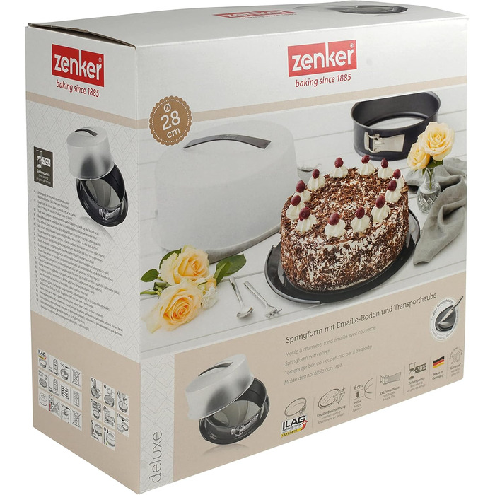Форма для випікання Zenker DELUXE 28 см з кришкою, кругла, емальований плоский дно, чорна металік, форма для торта та пирога, з ручкою для транспортування