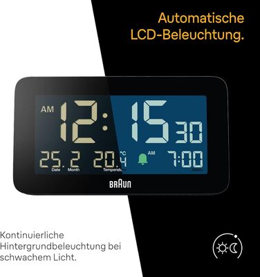 Цифровий годинник Braun BC10B з будильником, датою, місяцем, термометром, LCD-дисплеєм, швидким налаштуванням, чорний