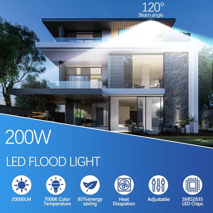 200Вт LED прожектор для вулиці, 20000Лм, 7000K холодне біле світло, IP67 водонепроникний, для подвір'я, гаража, саду