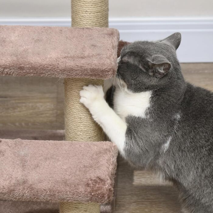 PawHut трирівневі сходи для котів і собак до 5 кг, з дряпальними стовпчиками та іграшкою, плюш і джут, білі, 45x40x48 см