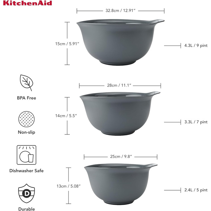 Набір з 3 мисок KitchenAid, що складаються одна в одну, деревне сірий