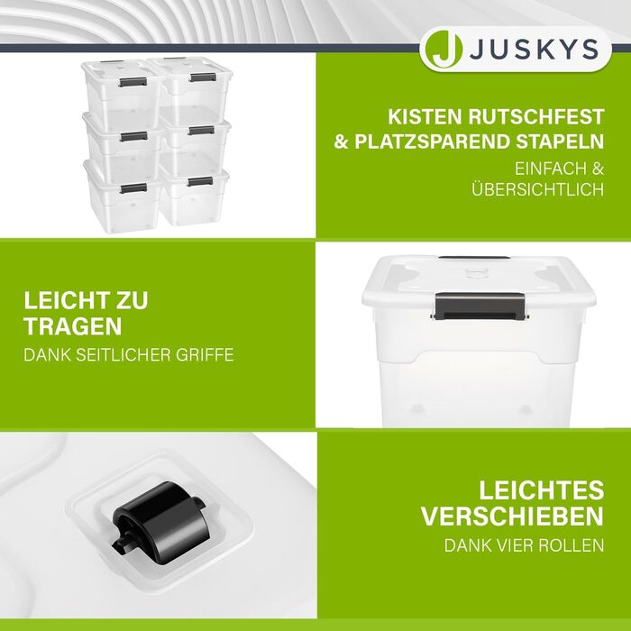 Juskys пластикові контейнери з кришкою 45 л, прозорі, набір 4 шт. — великі, штабельовані бокси для зберігання речей