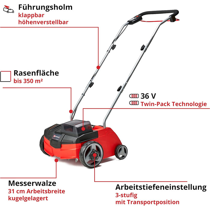 Акумуляторний аератор-скарифікатор Einhell GC-SC 36/31 Li-Solo Power X-Change, 36В, 31 см, 3-в-1, без акумулятора та зарядного пристрою