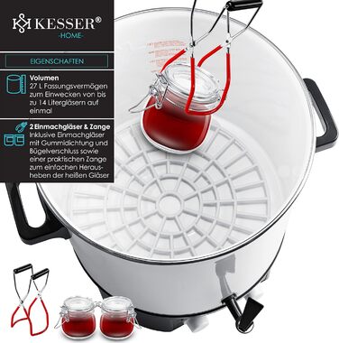 Автомат для консервування KESSER 27 л, нерж. сталь, 1800 Вт, 30-100°C, з функцією постійної роботи та автоотключення, для напоїв і глінтвейну, із щипцями та 2 банками