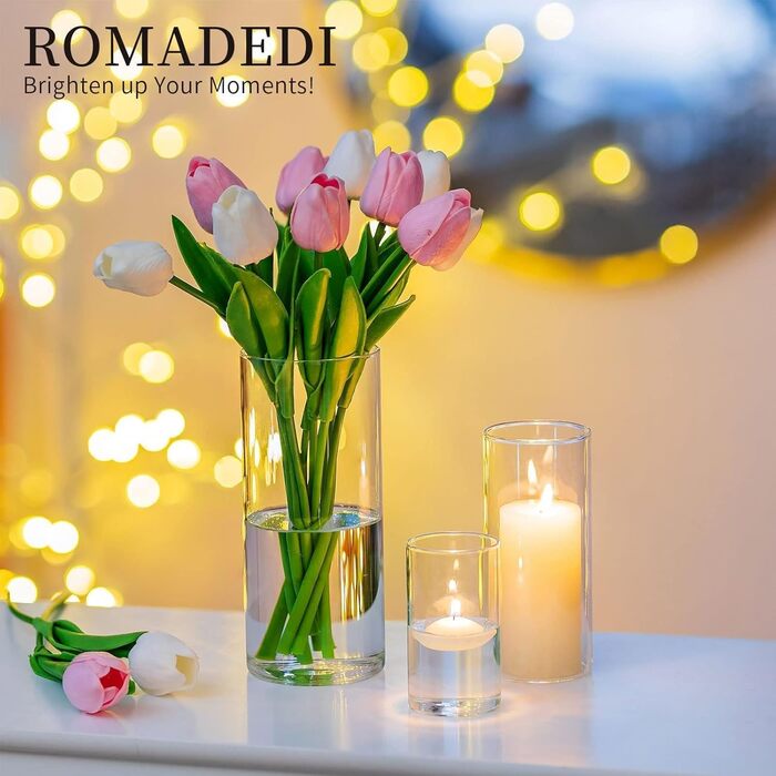 Набір скляних підсвічників-циліндрів Romadedi 12 шт. для стовпчикових і плаваючих свічок, вази для квітів, декор весілля, вечірки, столу, вітальні