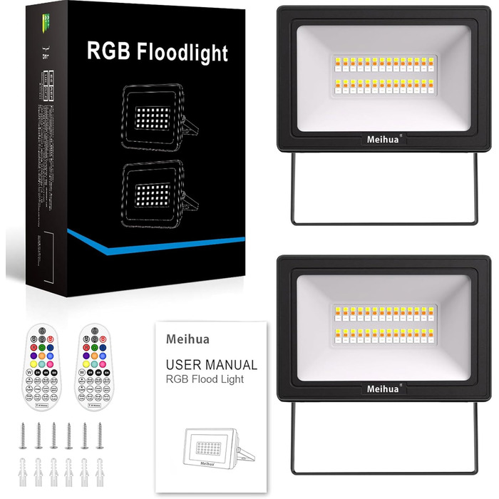 Світлодіодний RGB прожектор MEIHUA 2 шт, 35 Вт, IP66, дистанційне керування, 10 кольорів, 12 режимів, димірування, таймер, пам'ять, для вулиці та саду