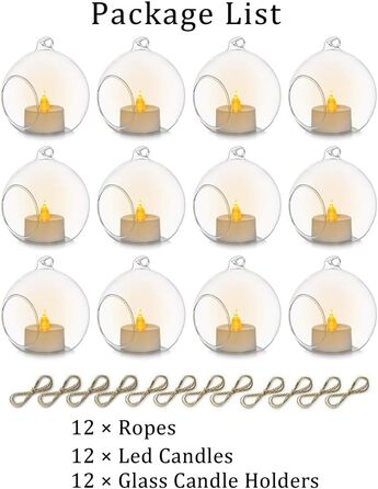 Підвісний скляний підсвічник-куля 8 см з LED свічкою, набір 12 шт. Декор для весілля, вечірки, столу, саду та Різдва
