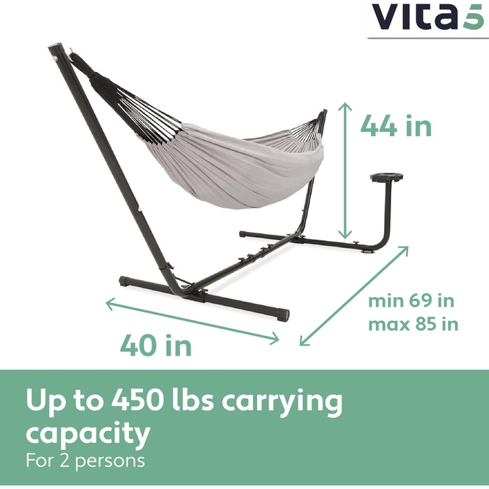 Гамак VITA5 з каркасом для двох, для саду та балкона, подвійний, з підставкою для напоїв, портативний, до 200 кг, сірий
