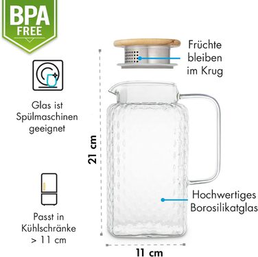 Скляна карафа GLASWERK з кришкою і ситечком, 1,5 л – водяний глечик з боросилікатного скла для води, напоїв, чаю