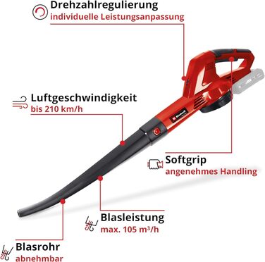 Акумуляторний повітродув Einhell GC-CL 18 Li E Solo Power X-Change, 18 В, 210 км/год, легкий, потужний, регулювання швидкості, Softgrip, без акумулятора
