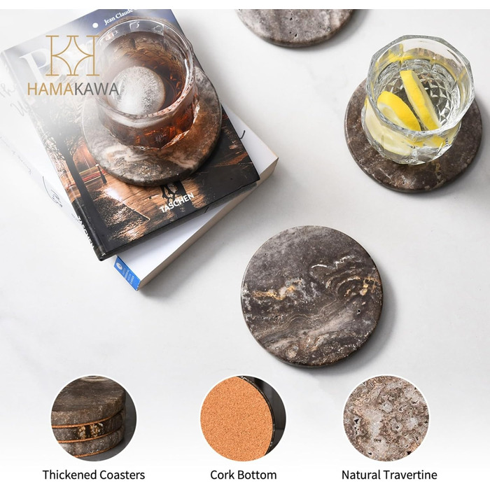 Підставки під напої HAMAKAWA з натурального мармуру, 4 шт, круглі, 10 см, сірі, для декору дому, столу, офісу, сучасний травертин