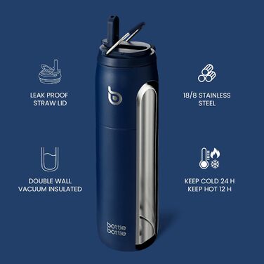 Термос-пляшка bottlebottle 946 мл із нержавіючої сталі з трубочкою та ручкою, ізольована, подвійні стінки, для спорту, подорожей, BPA-free, індиго